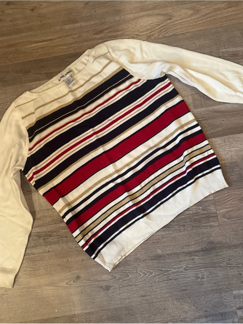 Alfred Dunner Striped Crewneck Sweater - White, Red & Navy size M